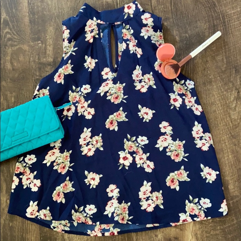 Sleeveless Floral Blouse with Keyhole